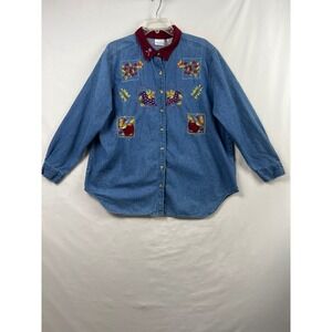 Bobbie Brooks Denim Shirt Women 18W/20W Blue Embroidered Fruit Corduroy Collar